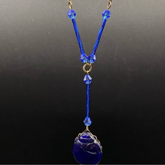 Vintage Cobalt Blue Czech Glass Scarab Pendant Necklace - Picture 8 of 14